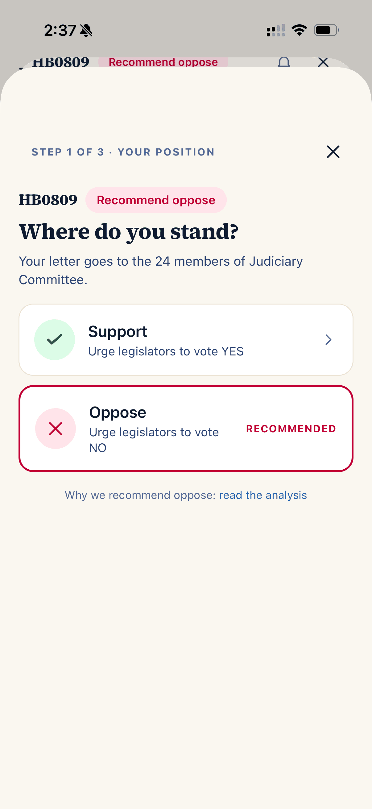 Choosing a position on a bill before the letter is drafted