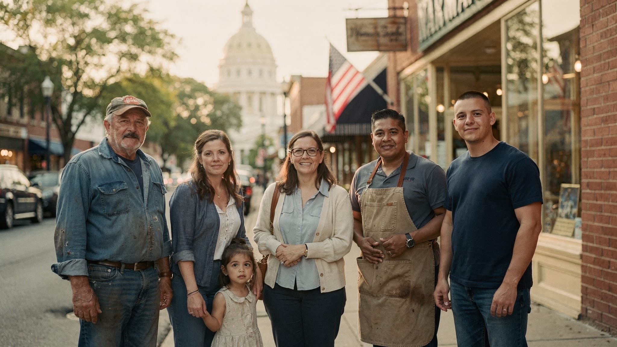 Neighbors on a small-town Main Street with the state capitol in the distance