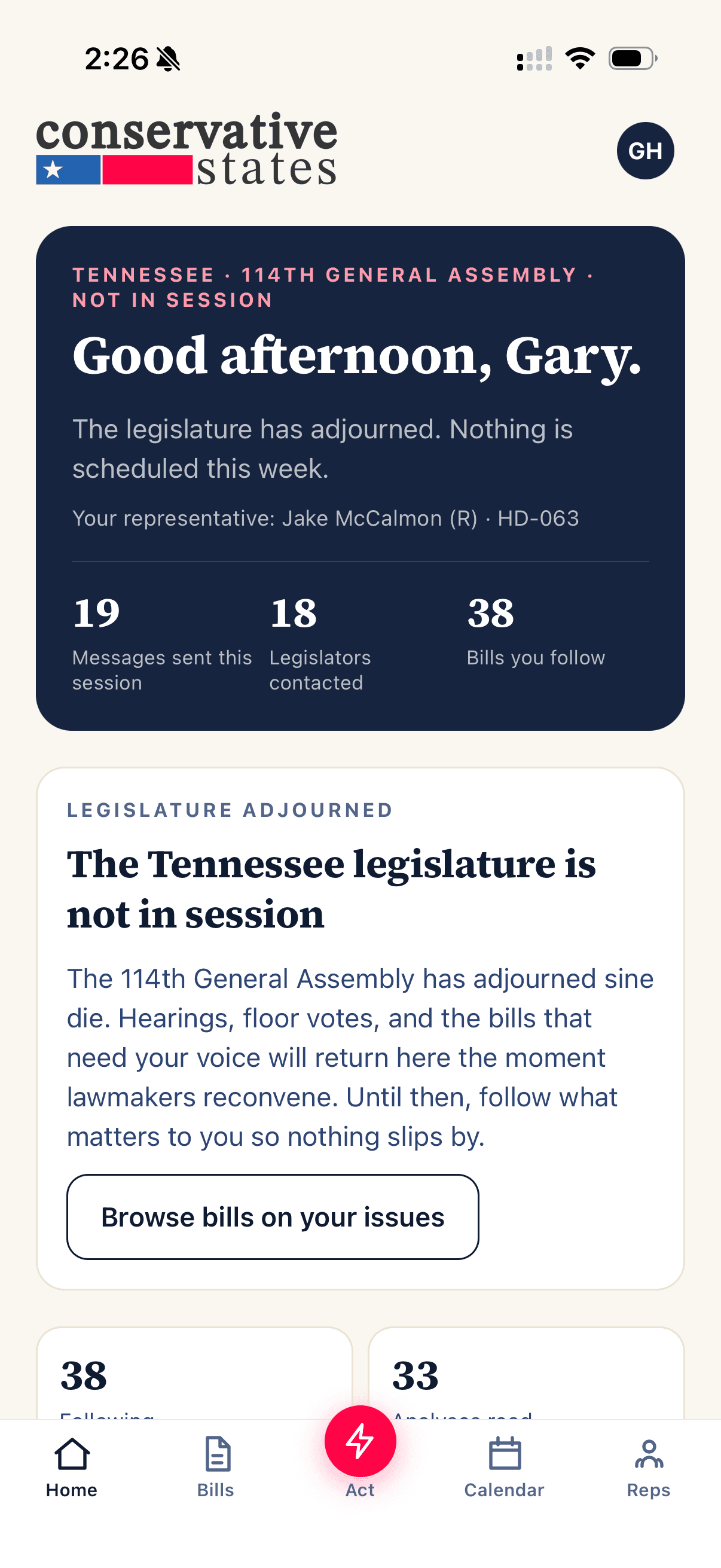 Home screen: your state, session status, and your representative