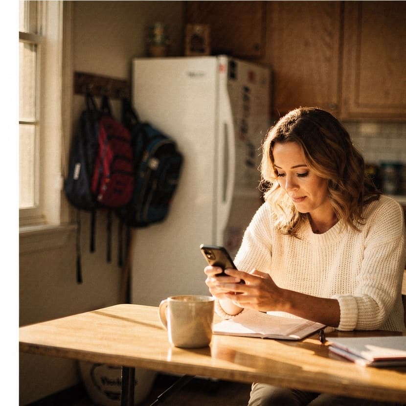 A mother reading on her phone at the kitchen table
