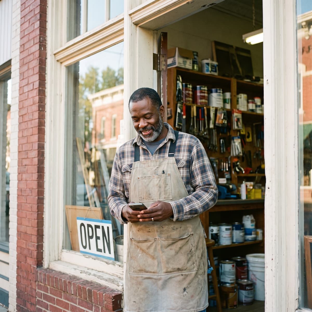 A shop owner in the doorway of his Main Street hardware store, checking his phone